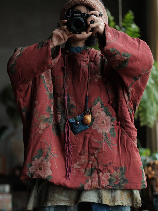 Women Autumn Ethnic Flower Cotton Loose Coat