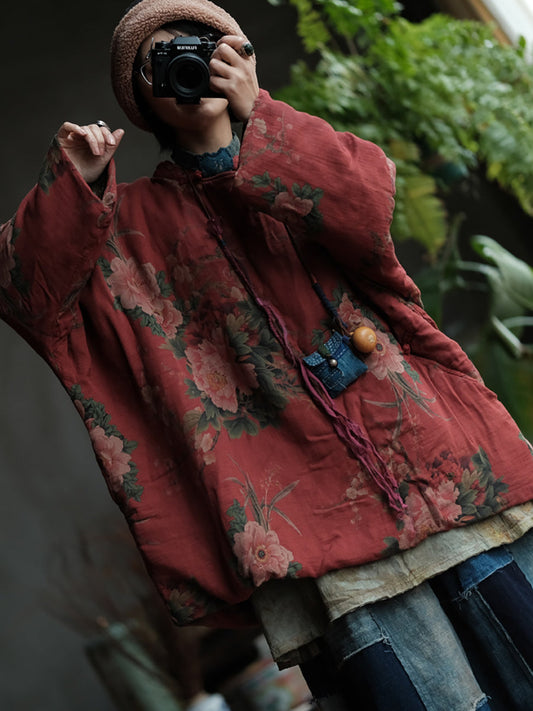 Women Autumn Ethnic Flower Cotton Loose Coat