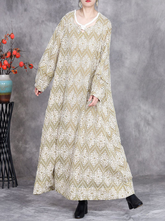 Women Spring Artsy Flower Embroidery O-Neck Dress