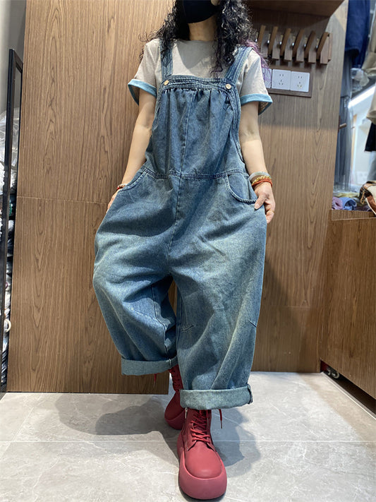 Women Summer Vintage Pure Color Denim Loose Jumpsuits