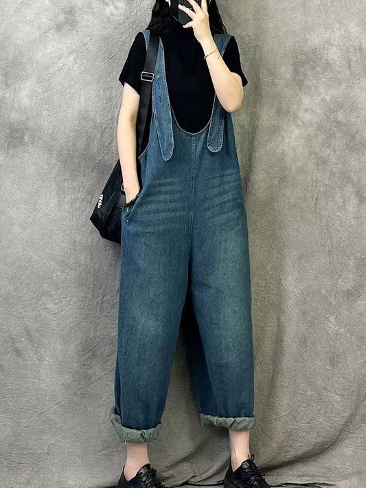 Women Summer Vintage Pure Color Denim Jumpsuits