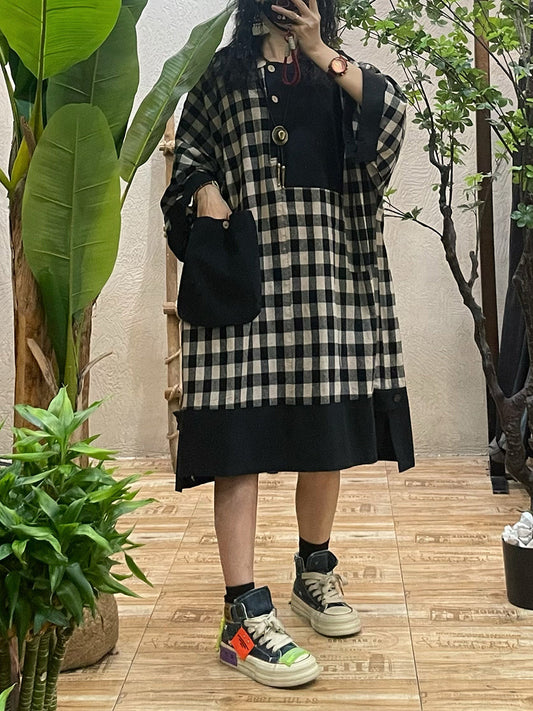 Women Spring Artsy Plaid O-Neck 100%Cotton Dress