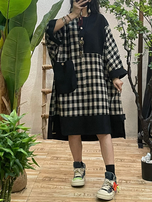 Women Spring Artsy Plaid O-Neck 100%Cotton Dress
