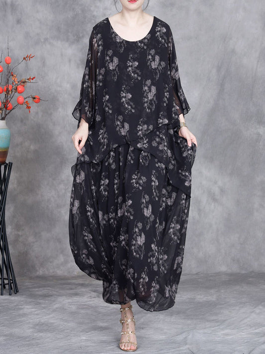 Women Summer Retro Flower O-Neck Maxi Dress