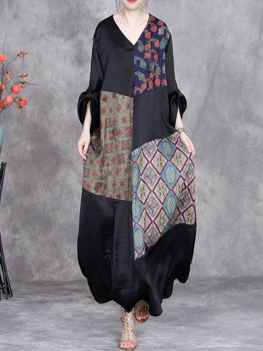 Women Spring Retro Flower Spliced V-Neck Maxi Dress