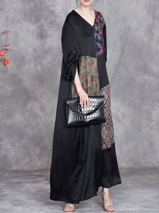 Women Spring Retro Flower Spliced V-Neck Maxi Dress