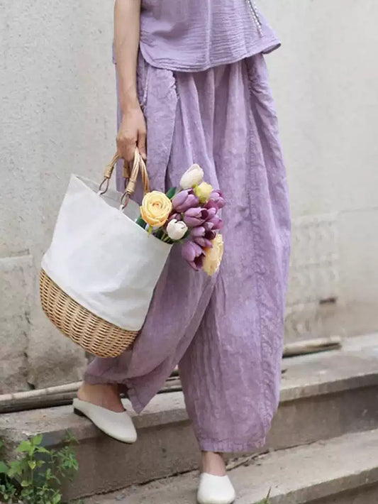 Women Vintage Summer Pure Color Linen Harem Pants