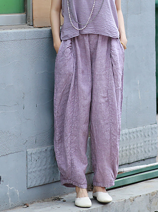 Women Vintage Summer Pure Color Linen Harem Pants