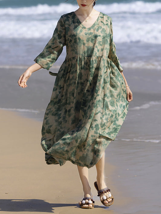 Women Summer Flower V-Neck Ramie Loose Dress