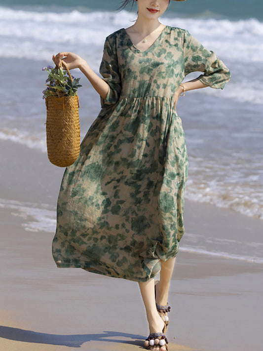 Women Summer Flower V-Neck Ramie Loose Dress