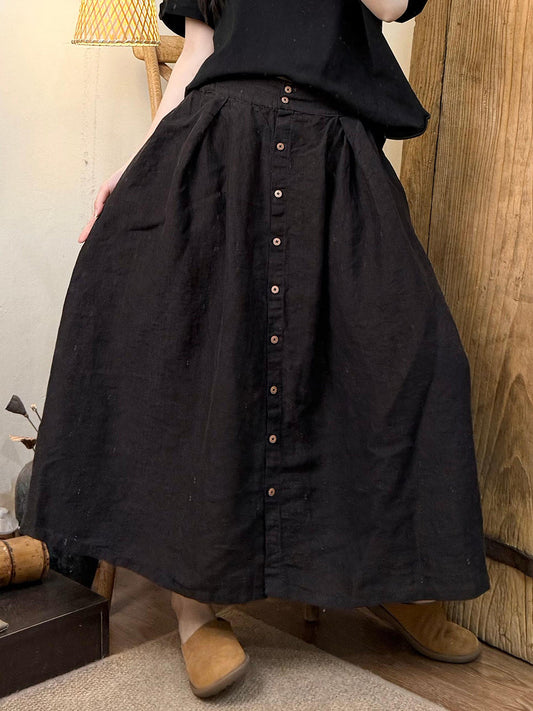 Women Summer Retro Pure Color Buttoned Linen Skirt