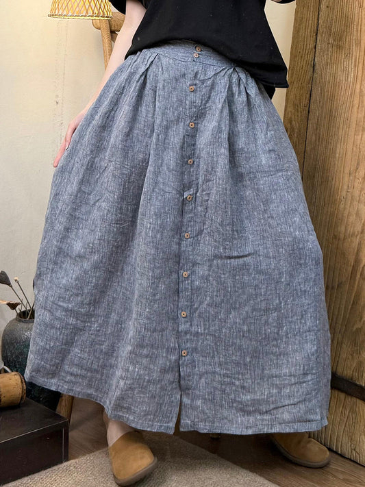 Women Summer Retro Pure Color Buttoned Linen Skirt