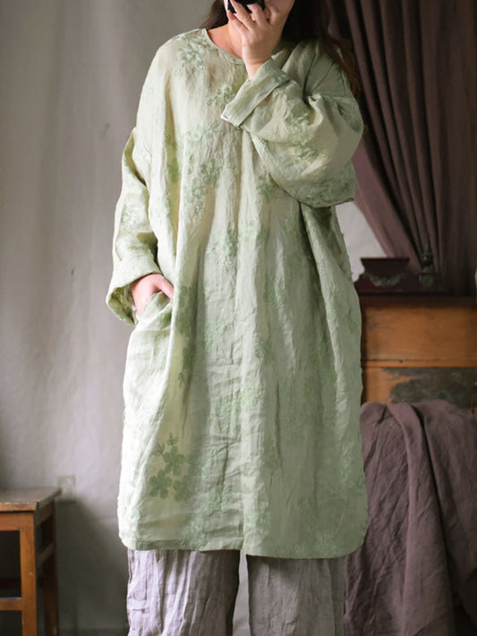 Women Spring Artsy Flower Embroidery 100%Ramie Loose Dress