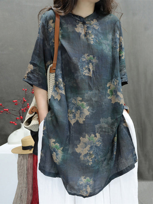 Women Summer Stand Collar Flower 100%Ramie Shirt