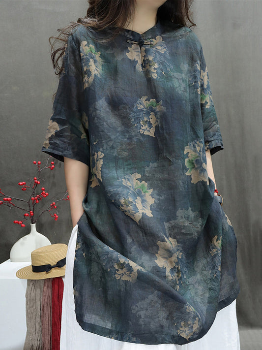 Women Summer Stand Collar Flower 100%Ramie Shirt