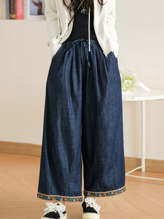 Women Spring Embroidery Hem Denim Wide-leg Pants