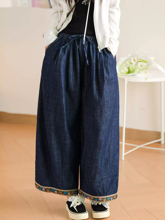 Women Spring Embroidery Hem Denim Wide-leg Pants