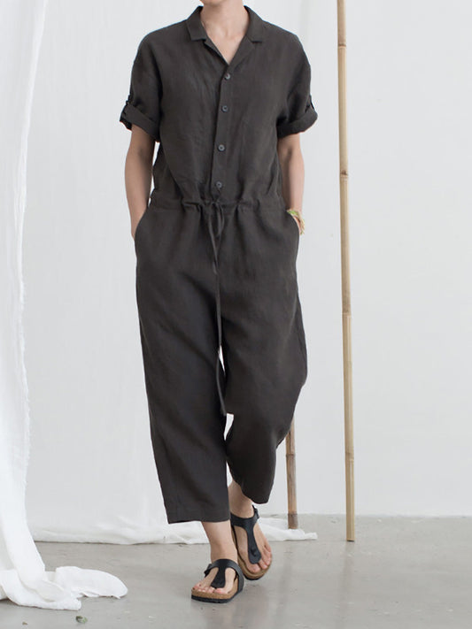 Women Summer Vintage Pure Color Linen Jumpsuits