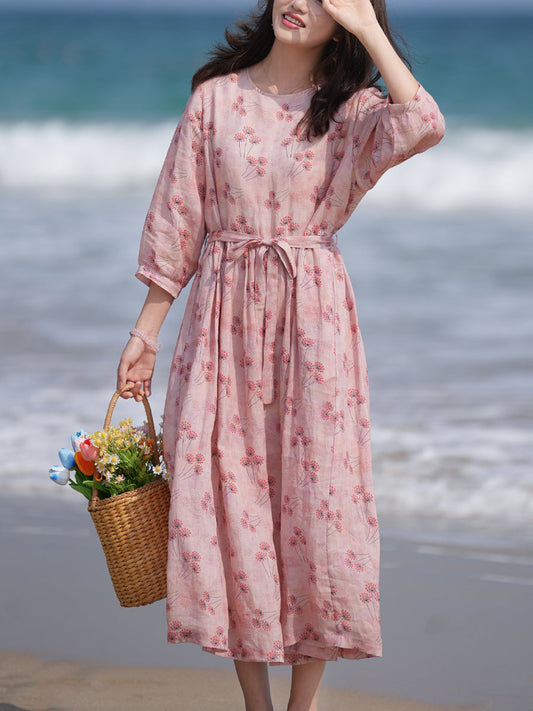 Women Summer Flower O-Neck 100%Ramie Loose Dress