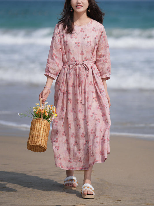 Women Summer Flower O-Neck 100%Ramie Loose Dress