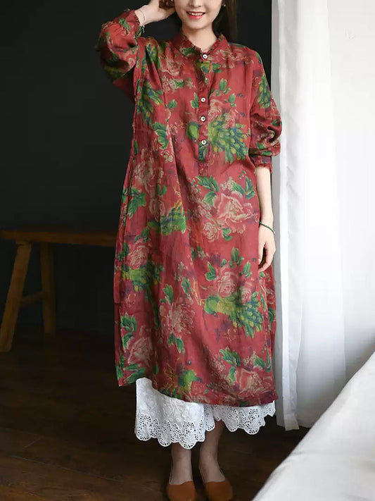 Women Summer Flower Stand Collar Ramie Loose Dress