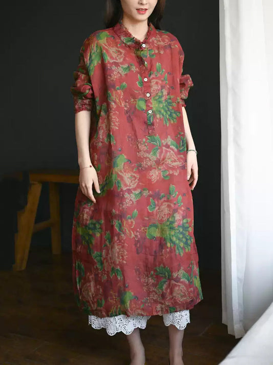 Women Summer Flower Stand Collar Ramie Loose Dress