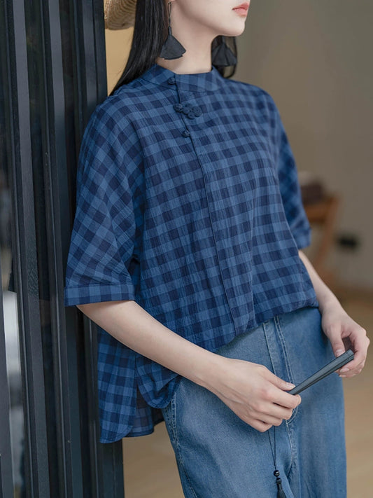 Women Summer Ethnic Plaid Cotton Shirt