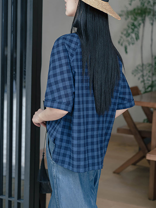 Women Summer Ethnic Plaid Cotton Shirt