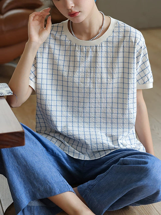 Women Summer Casual Plaid O-Neck 100%Cotton Shirt