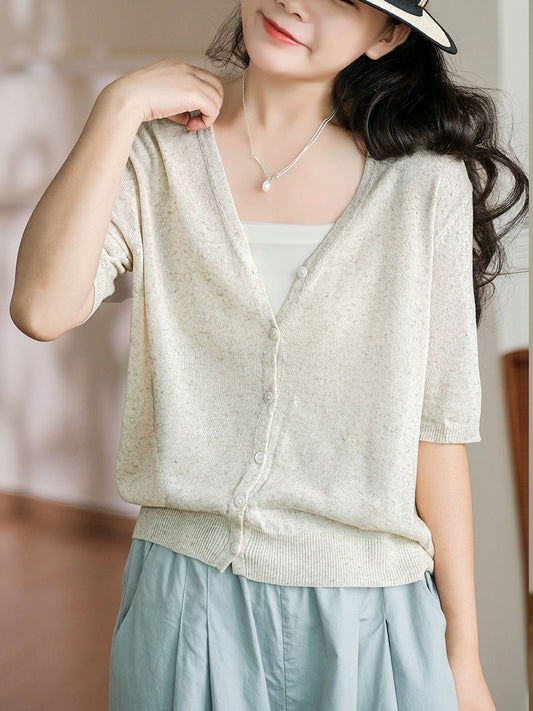 Women Summer Casual Pure Color Knit V-Neck Shirt