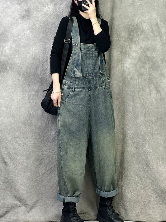 Women Summer Retro Pure Color Denim Jumpsuits