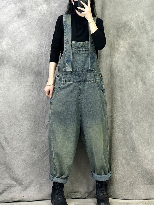 Women Summer Retro Pure Color Denim Jumpsuits