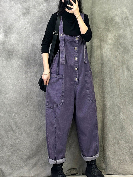 Women Summer Retro Pure Color Denim Jumpsuits