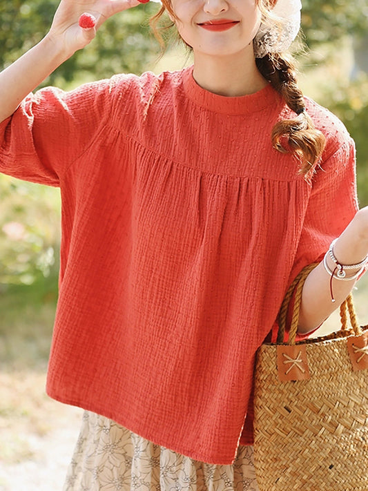 Women Summer Casual Pure Color Stand Collar Cotton Shirt