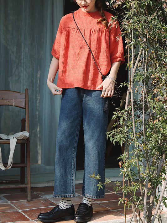 Women Summer Casual Pure Color Stand Collar Cotton Shirt
