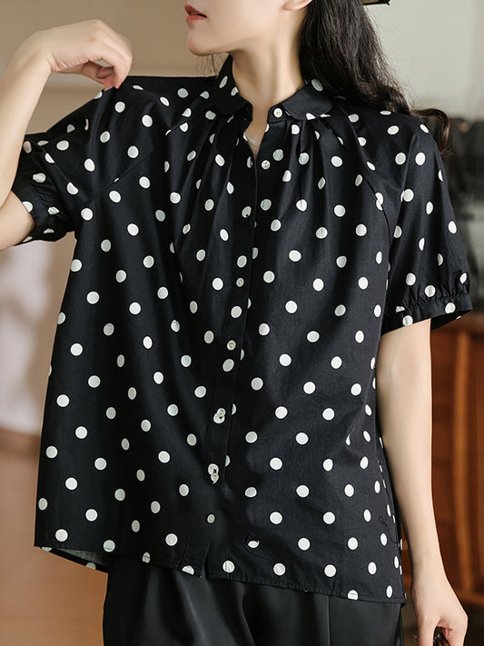 Women Summer Artsy Dot Turn-down Collar 100%Cotton Shirt