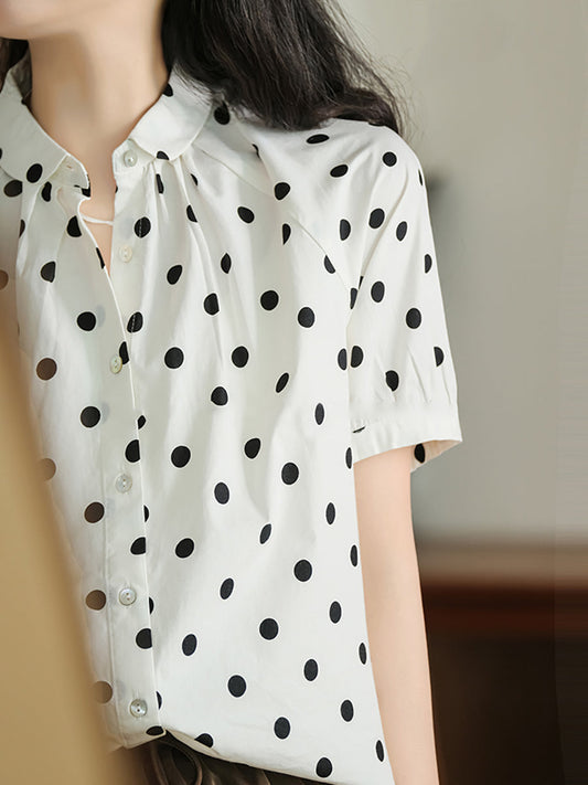 Women Summer Artsy Dot Turn-down Collar 100%Cotton Shirt