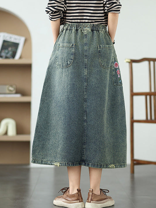 Women Spring Artsy Embroidery Denim A-Shape Skirt