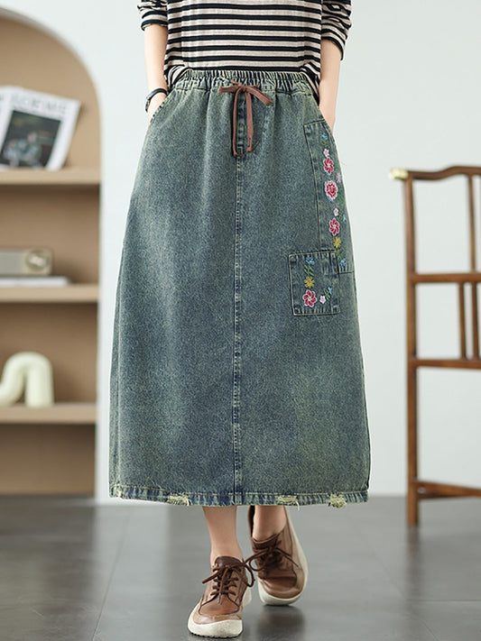 Women Spring Artsy Embroidery Denim A-Shape Skirt