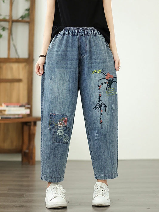 Women Spring Flower Embroidery Denim Harem Pants