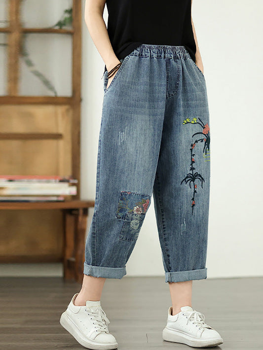 Women Spring Flower Embroidery Denim Harem Pants