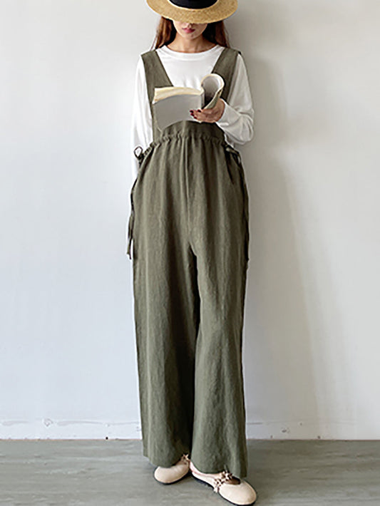 Women Summer Solid Drawstring V-Neck Linen Jumpsuits