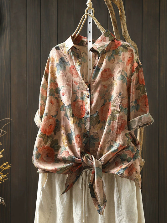 Women Summer Flower Turn-down Collar Knot Hem Shirt