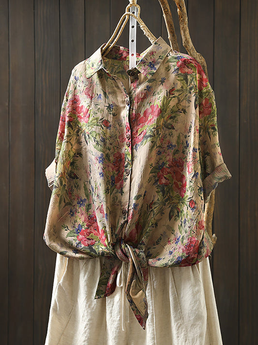 Women Summer Flower Turn-down Collar Knot Hem Shirt