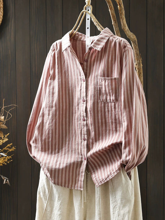 Women Spring Stripe Turn-down Collar 100%Cotton Shirt