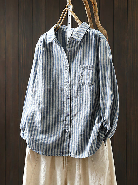Women Spring Stripe Turn-down Collar 100%Cotton Shirt