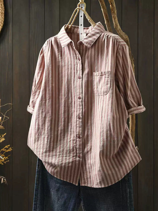 Women Summer Stripe Turn-down Collar 100%Cotton Shirt