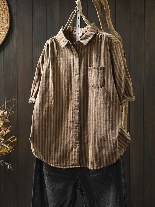 Women Summer Stripe Turn-down Collar 100%Cotton Shirt