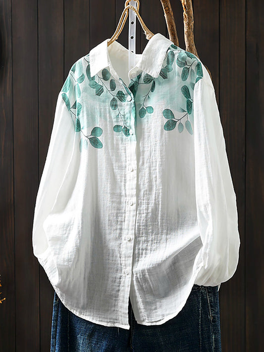 Women Summer Artsy Plant Print 100%Cotton Shirt