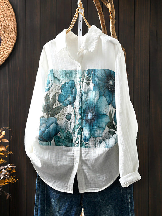 Women Summer Artsy Plant Print 100%Cotton Shirt